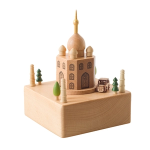 Boîte à musique en bois Taj Mahal avec arbres miniatures sur socle rotatif blanc