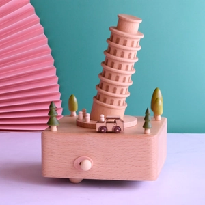 Boîte à musique européenne en bois avec Tour de Pise et petite voiture miniature
