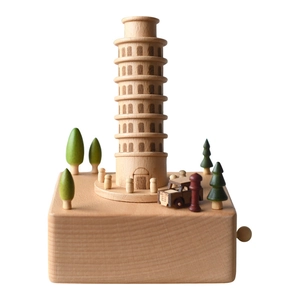 Boîte à musique en bois européenne avec modèle de la Tour de Pise et socle rotatif à remontoir