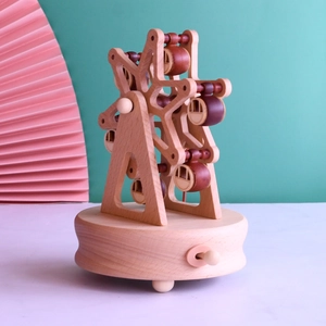 Rotating ferris wheel wooden music box with light beech and red brown wood finish