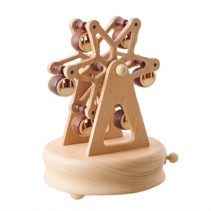 Handcrafted wooden ferris wheel music box with natural grain and vintage wind-up knob