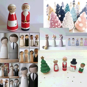 Nordic wooden peg dolls set with hand-painted Christmas, wedding, and animal themes
