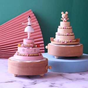 European wooden ballerina birthday music box with mechanical rotating cake design