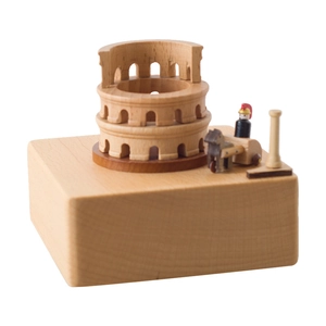 Wooden Colosseum music box with moving Roman chariot and gladiator for home decor