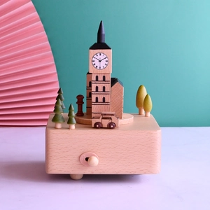 London Big Ben wooden music box with moving car and miniature trees in light wood finish