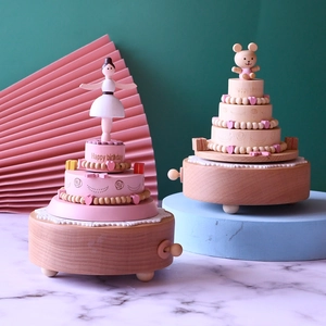 Oriental Pearl Tower themed wooden music box with ballerina and bear decorative figures