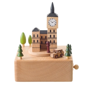 European wooden music box featuring Big Ben architectural model and moving car