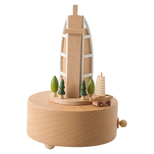 Burj Al Arab hotel wooden music box with miniature sailing boat and trees on timber base