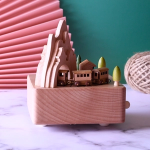 Wooden musical box with miniature Alishan train, mountain scenery and handmade trees