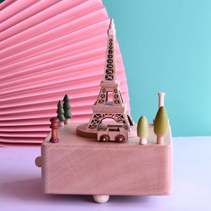 Eiffel Tower wooden music box with rotating car, handcrafted romantic Valentine's gift