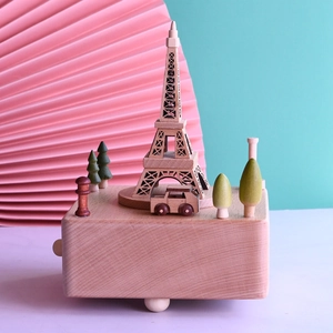 Eiffel Tower wooden music box with moving car handcrafted from premium light beech wood