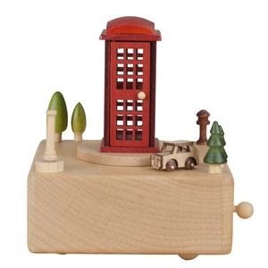 British red telephone booth and wooden car music box with handcrafted rotating trees