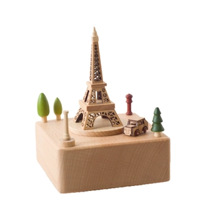 Eiffel Tower wooden music box with rotating car, romantic handicraft gift for Valentine's Day