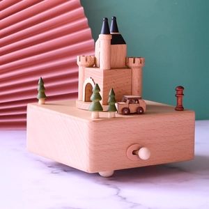 European castle beech wood music box with mini car and trees, natural wood finish