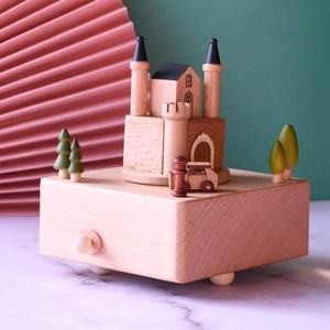 European castle beech wood music box with mechanical rotating carriage and 18-note movement