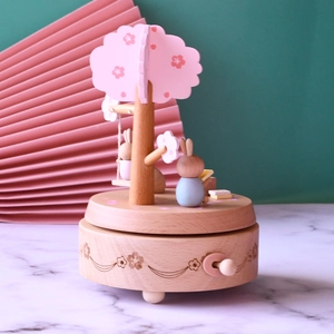 Pink Wooden Music Box Cherry Blossom Bunny Swing Beech Wood Mechanical Wind-Up Tabletop Decoration Gift For Kids Girls