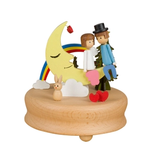 Handcrafted wooden music box featuring rainbow and moon couple ornaments for home decor