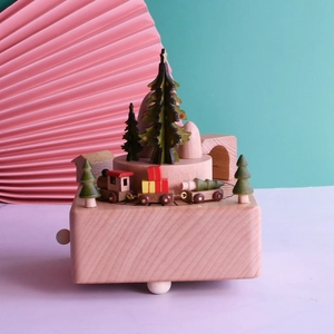 Close-up of moving train and wooden cabin on a mechanical Christmas music box