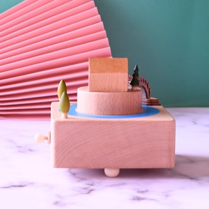 Vintage wooden music box with miniature Chinese landscape house and bridges
