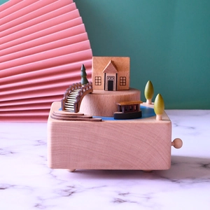 Handcrafted wooden music box with miniature riverside bridge scenery for souvenirs