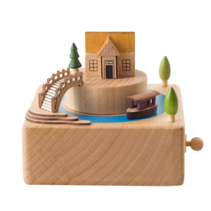 Vintage wooden music box featuring a Chinese Jiangnan miniature landscape scene