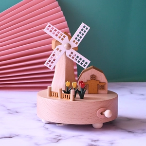Windmill Music Box Beechwood Mechanical Clockwork Rotating Windup Tabletop Ornament Home Decor Decorative Gift