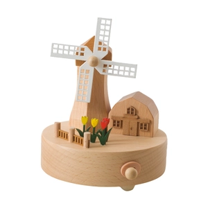 Handcrafted wooden music box featuring a Dutch windmill, rustic cabin and colorful tulips