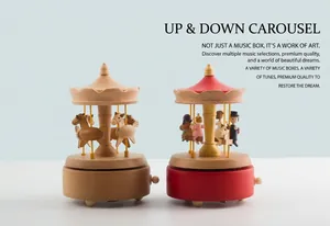 Close-up of wooden carousel music boxes in natural wood and red gold colors
