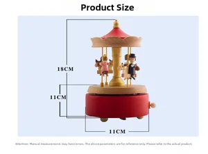Detailed size chart of the wooden carousel music box with 18cm height and 11cm base width