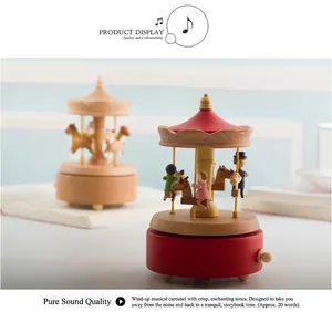 Detail of mechanical wind-up wooden carousel music box with a natural wood grain finish