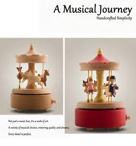 Mechanical wooden carousel music box with hand-cranked design and vintage horses