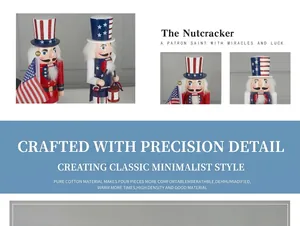 Macro detail of wooden nutcracker figurine with American flag theme and patriotic patterns