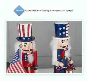 Detail of vintage American flag nutcrackers with hand-painted finish and glitter accents