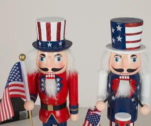 Close-up of American flag nutcracker soldier with stars and stripes wooden details