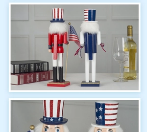Detail of American flag nutcracker dolls featuring red and blue patriotic wood design