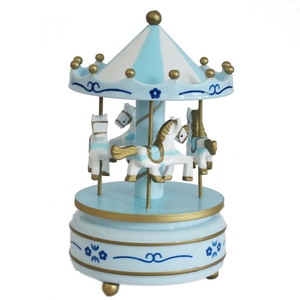 Blue and white wooden carousel music box with golden accents for home decor or gifts