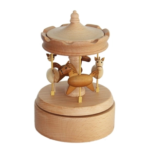 Minimalist wooden carousel music box with rotating horses and natural beech wood finish