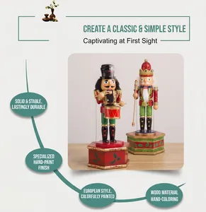 Close-up of hand-painted wooden nutcracker soldiers with drum and red hexagonal base