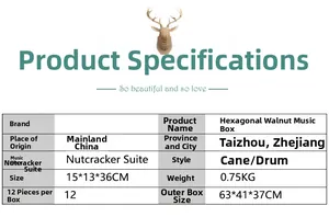 Specifications of the 36cm wooden Nutcracker music box with hexagonal base details