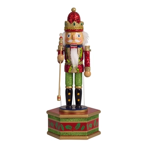 36cm King Nutcracker soldier music box with scepter and festive hexagonal base decoration