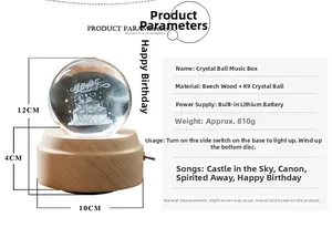 Detailed specs of beechwood crystal ball music box with 3D cake engraving and dimensions