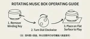 Operating instructions for rotating wooden music box base showing assembly steps