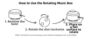 Operating instructions for rotating wooden music box base showing assembly steps