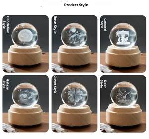 Detail view of 3D laser engraved crystal balls with wooden base and USB power cable