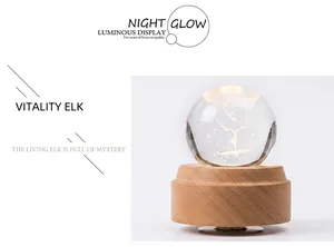Detail showing 3D laser engraved elk crystal ball with illuminated solid wood base