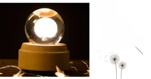 Close-up of dandelion crystal ball lamp with polished wooden base and warm lighting