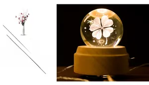 Macro shot of luminous crystal ball lamp with internal clover engraving and wooden base