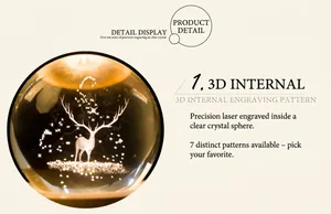 Detail of 3D laser engraved crystal ball with elk pattern and warm glowing wood base