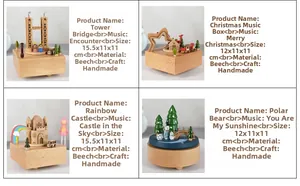 Detail van vier handgemaakte houten muziekdoosjes met fijn houtsnijwerk en uurwerk