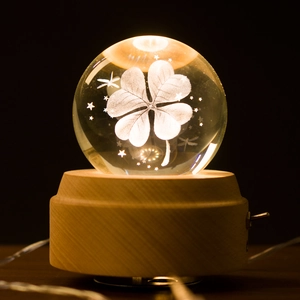 3D clover crystal ball night light with warm LED beech wood base for home decoration